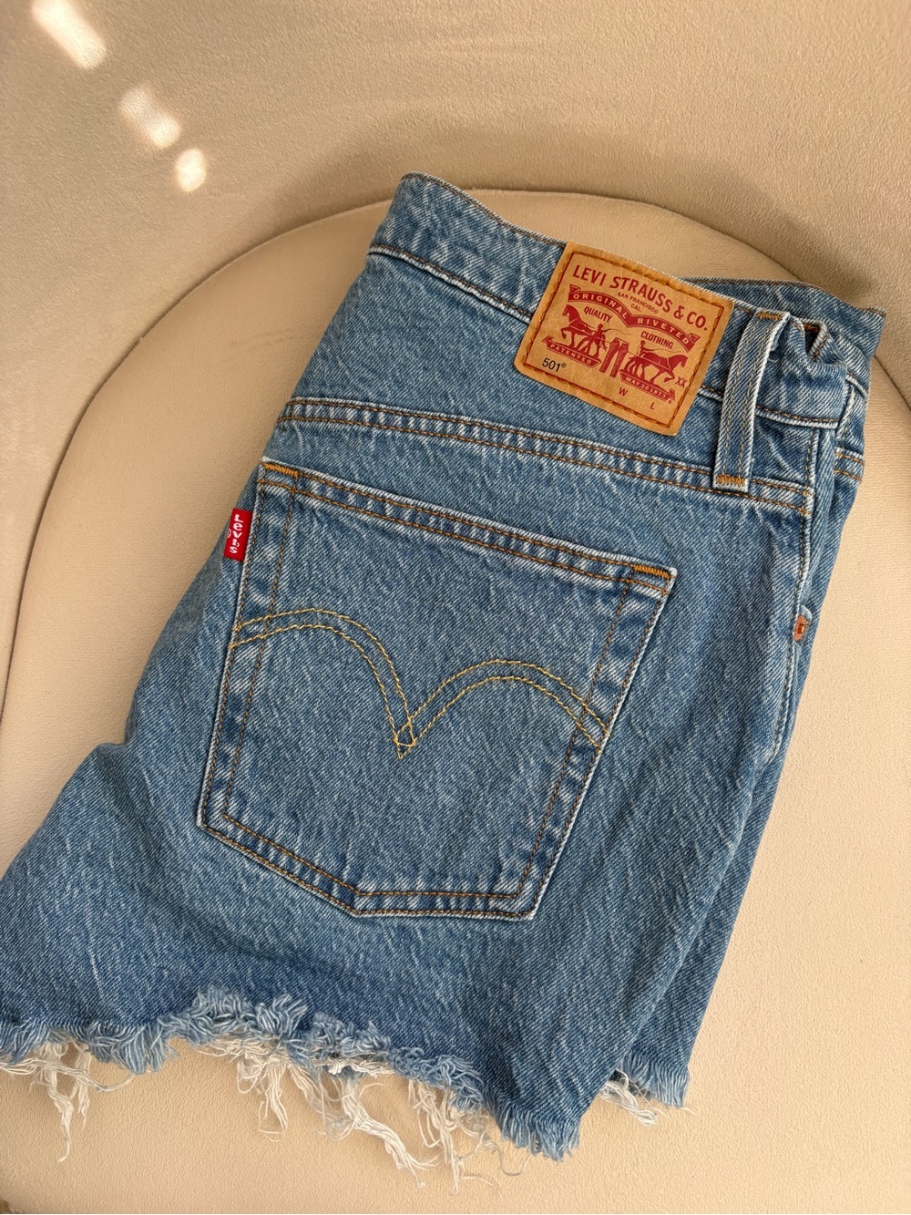 Levi's 501 Light Blue Women's Cropped Denim Shorts with Frayed Hem